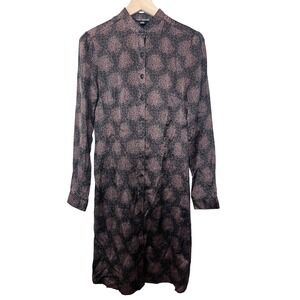 Club Monaco Silk Long Sleeve Floral Print Shirt Dress Black‎ Tan Womens 4